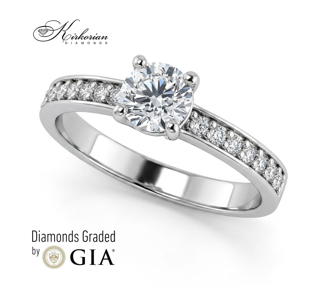 Годежен пръстен с естествен диамант 0.90 ct GIA сертификат бяло злато 14K с паве диаманти K608