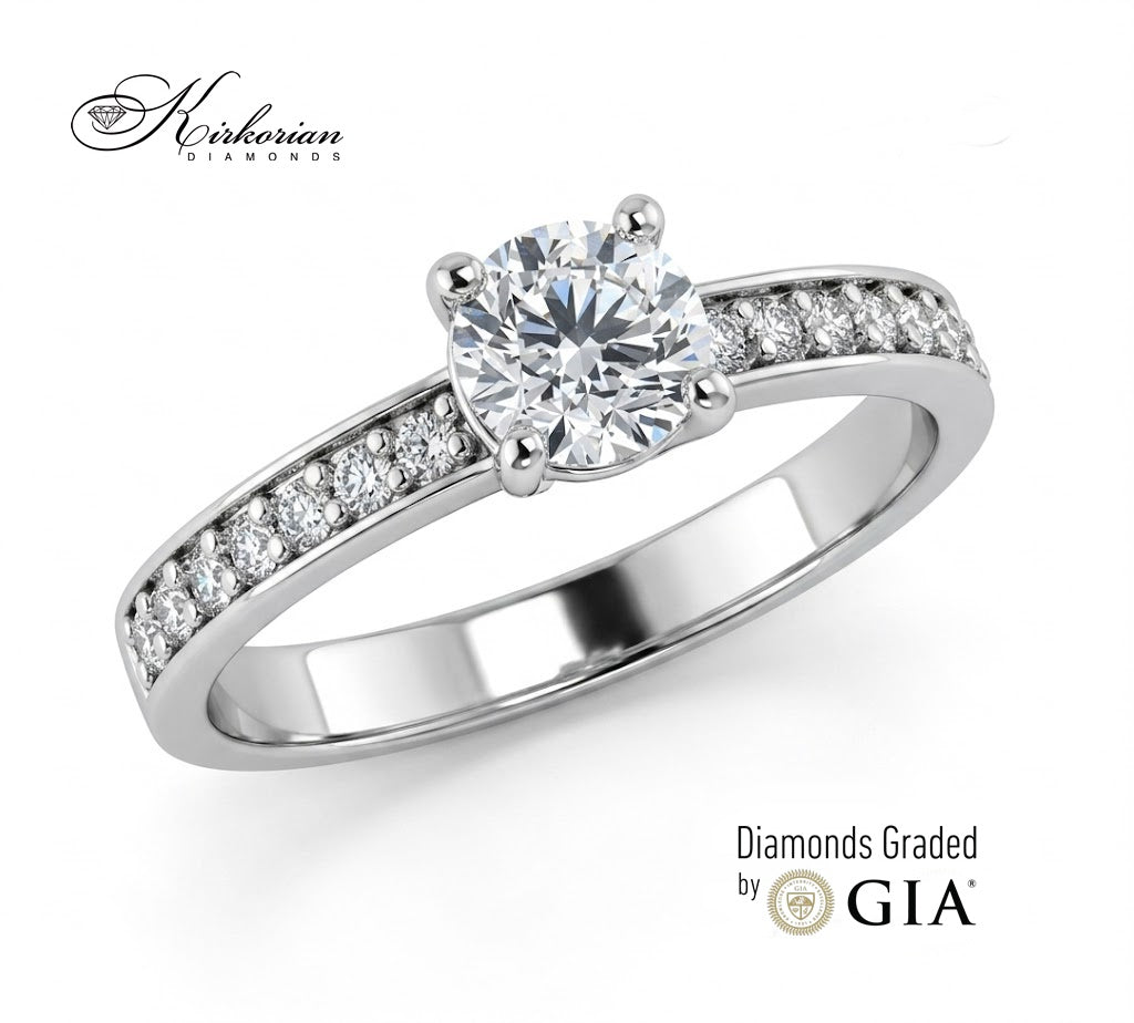 Луксозен годежен пръстен с централен диамант 0.90 ct GIA от бяло злато 14K и диаманти по халката K608