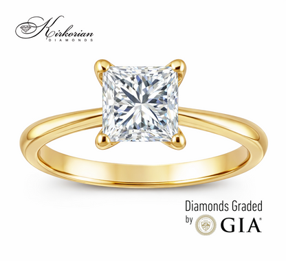 Годежен пръстен от жълто злато с инвестиционен диамант 1.00ct принцес GIA