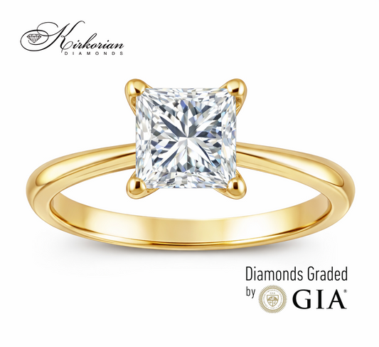 Годежен пръстен от жълто злато с инвестиционен диамант 1.00ct принцес GIA
