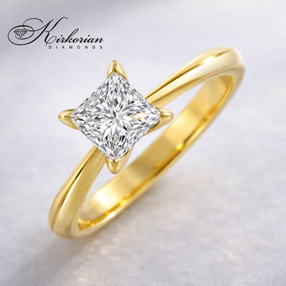 Годежен пръстен от жълто злато с инвестиционен диамант 1.00ct принцес GIA