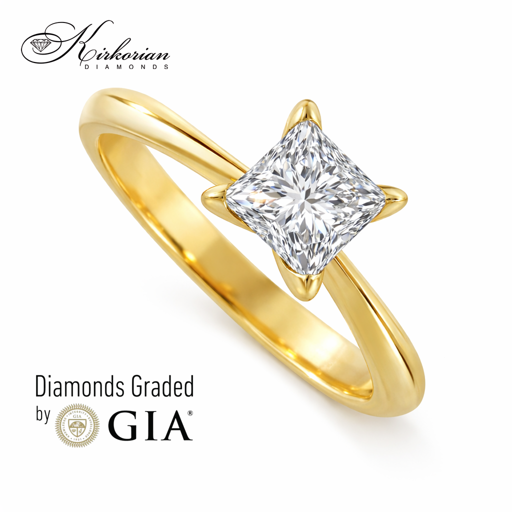 Годежен пръстен от жълто злато с инвестиционен диамант 1.00ct принцес GIA