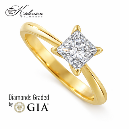 Годежен пръстен от жълто злато с инвестиционен диамант 1.00ct принцес GIA