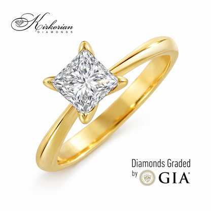 Годежен пръстен от жълто злато с инвестиционен диамант 1.00ct принцес GIA