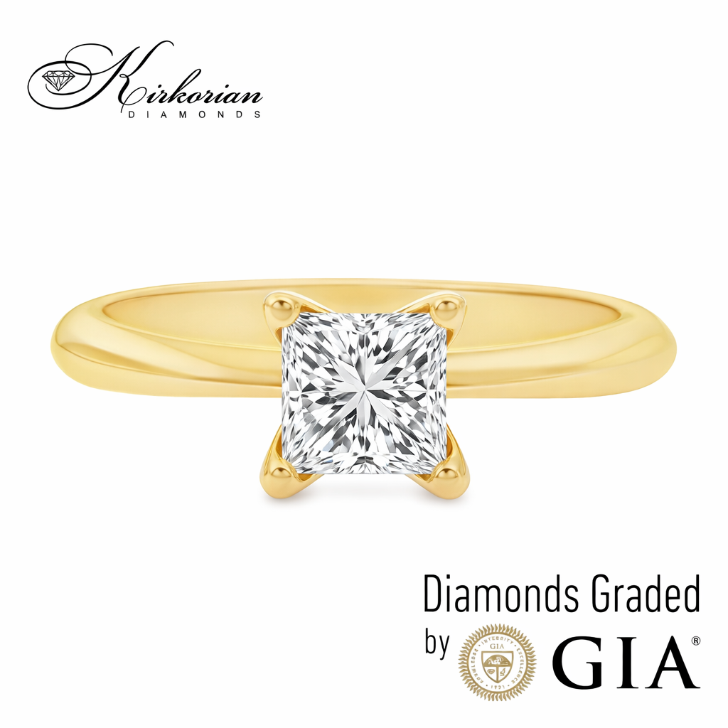 Годежен пръстен от жълто злато с инвестиционен диамант 1.00ct принцес GIA