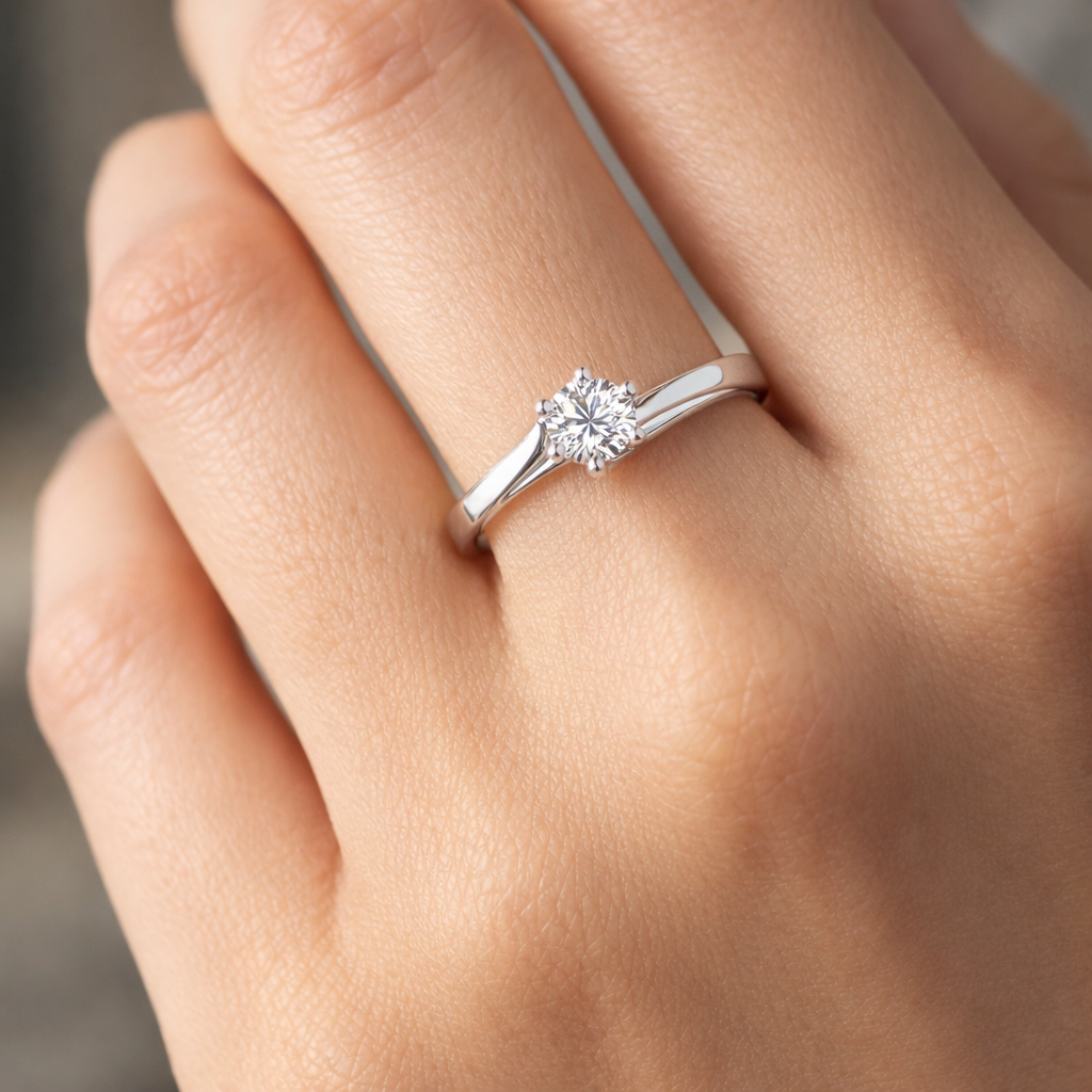 годежен пръстен с диамант 0.30 ct GIA на ръка бяло злато 14K K615