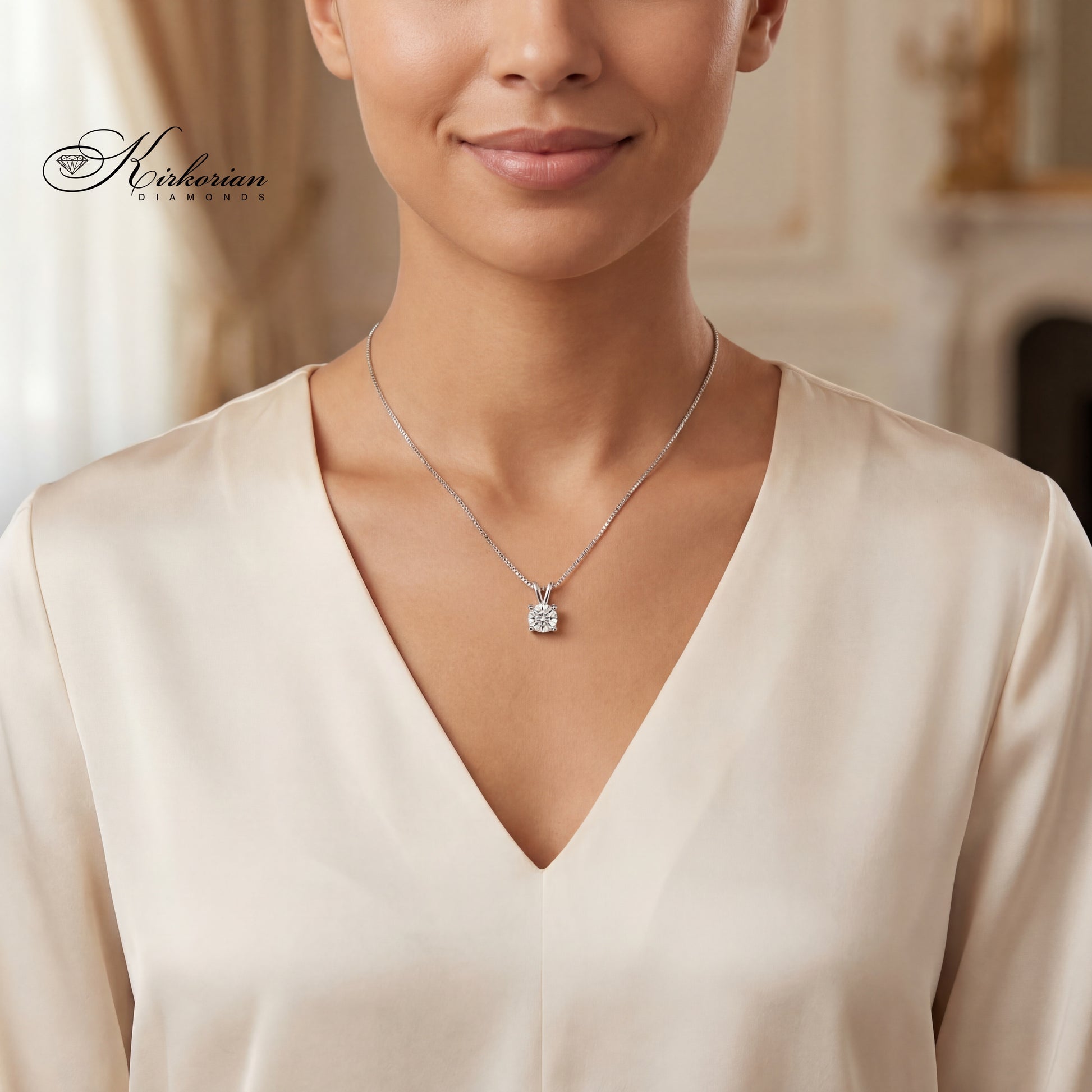 "Класическо колие от бяло злато 14K с диамант 0.30 ct, естествен кръгъл диамант GIA сертификат, луксозно диамантено колие Kirkorian Diamonds код K634"
