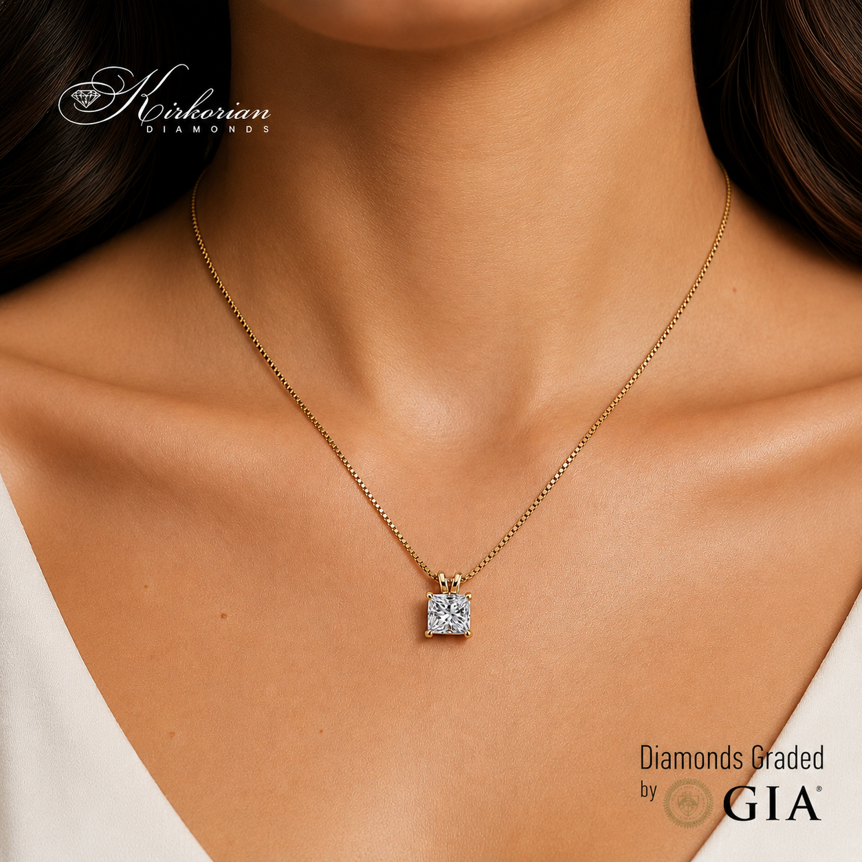 Луксозно колие от жълто злато 14К с GIA сертифициран Princess диамант 0.30 ct върху модел K661G