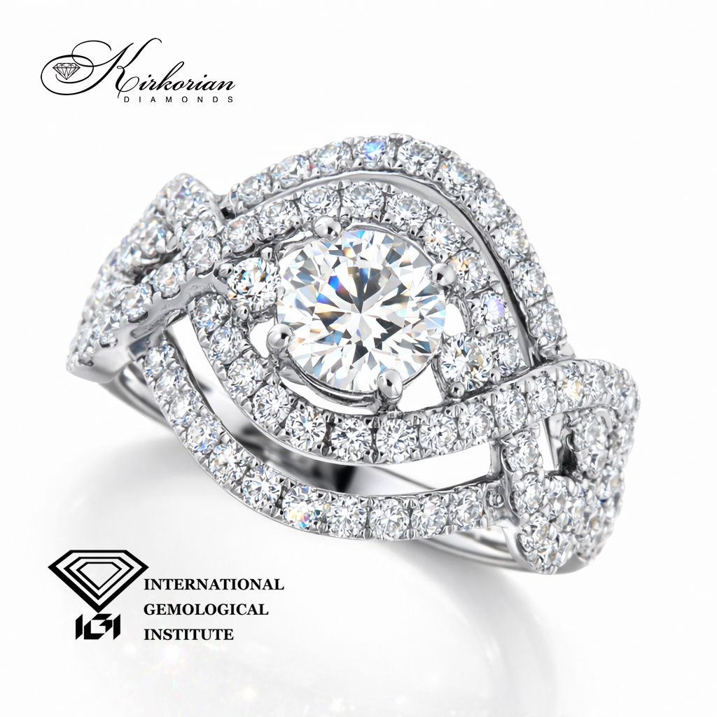 луксозен диамантен годежен пръстен с централен диамант 0.70 ct и диаманти 1.05 ct от бяло злато 18K модел KK101
