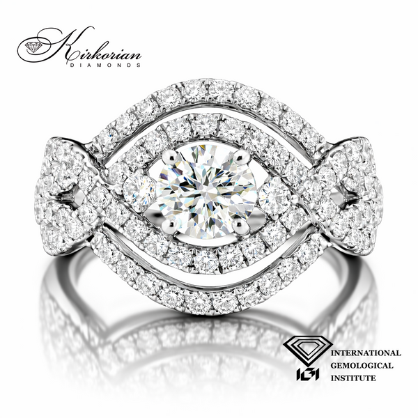 Луксозен годежен пръстен с диамант 0.70 ct F VVS2 IGI и диаманти 1.05 ct от бяло злато 18K – диамантен пръстен модел KK101