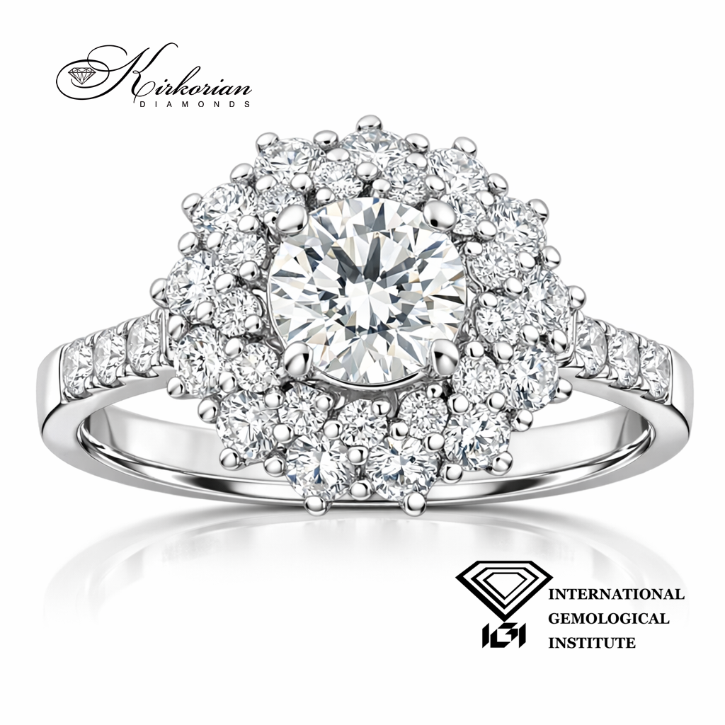 годежен пръстен с диамант 0.71 ct F VS1 IGI halo дизайн от бяло злато 18K модел KK102