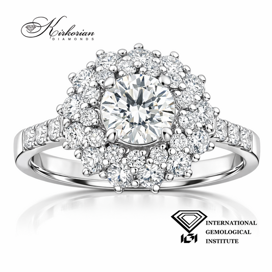 годежен пръстен с диамант 0.71 ct F VS1 IGI halo дизайн от бяло злато 18K модел KK102