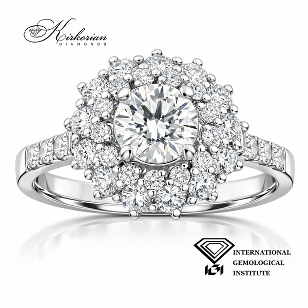 Луксозен годежен пръстен с диамант 0.71 ct F VS1 IGI и диаманти 0.90 ct от бяло злато 18K – диамантен halo пръстен модел KK102
