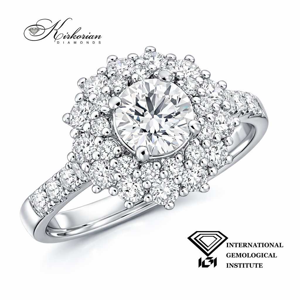 луксозен годежен пръстен halo с диамант 0.71 ct F VS1 и диаманти 0.90 ct