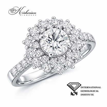 луксозен годежен пръстен halo с диамант 0.71 ct F VS1 и диаманти 0.90 ct