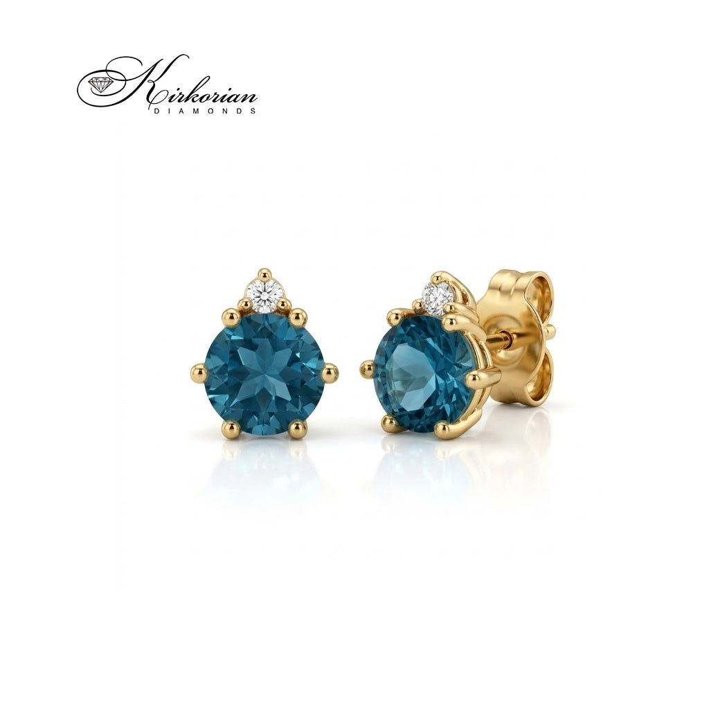14K yellow gold earrings with London Blue topaz and diamonds | Luxurious craftsmanship and a great price