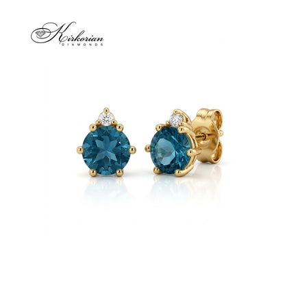 14K yellow gold earrings with London Blue topaz and diamonds | Luxurious craftsmanship and a great price