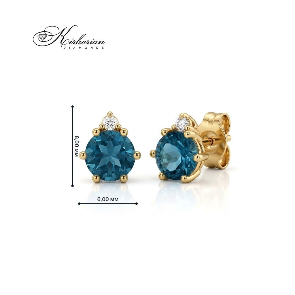 14K yellow gold earrings with London Blue topaz and diamonds | Luxurious craftsmanship and a great price