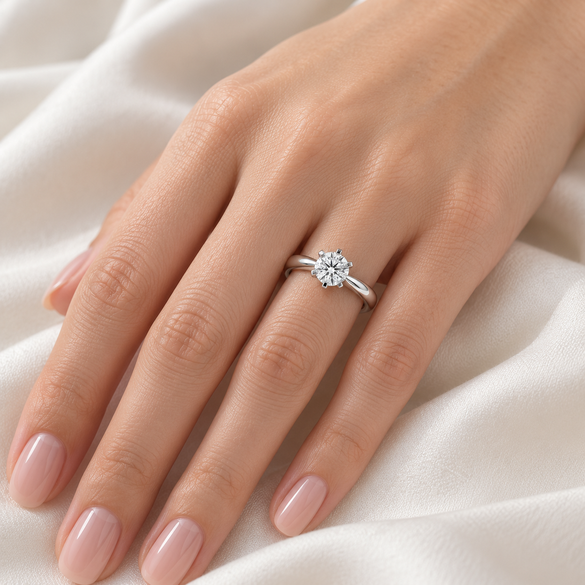 Годежен пръстен LG572 с лабораторно създаден диамант 0,70 ct, представен върху женска ръка