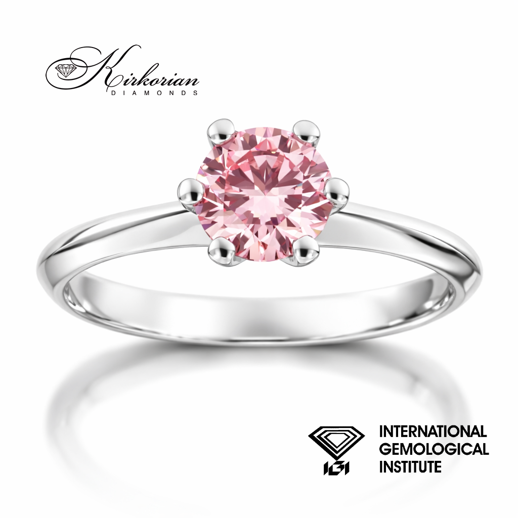 Годежен пръстен с розов диамант 0.78 ct Fancy Vivid Pink бяло злато 14K IGI LG624 фронтален изглед