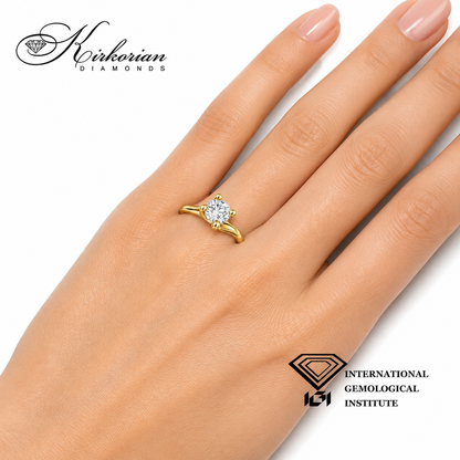 Близък план на годежен пръстен LG650A с лабораторен диамант 1.04 ct D VVS1 IGI и четири захвата от жълто злато 14К