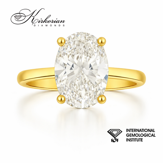 Годежен пръстен от жълто злато 14К с овален лабораторен диамант 3 карата IGI