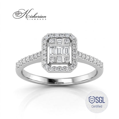 Годежен пръстен от бяло злато с багетни и кръгли диаманти 0.35 ct, правоъгълен ореол – LR1575AF