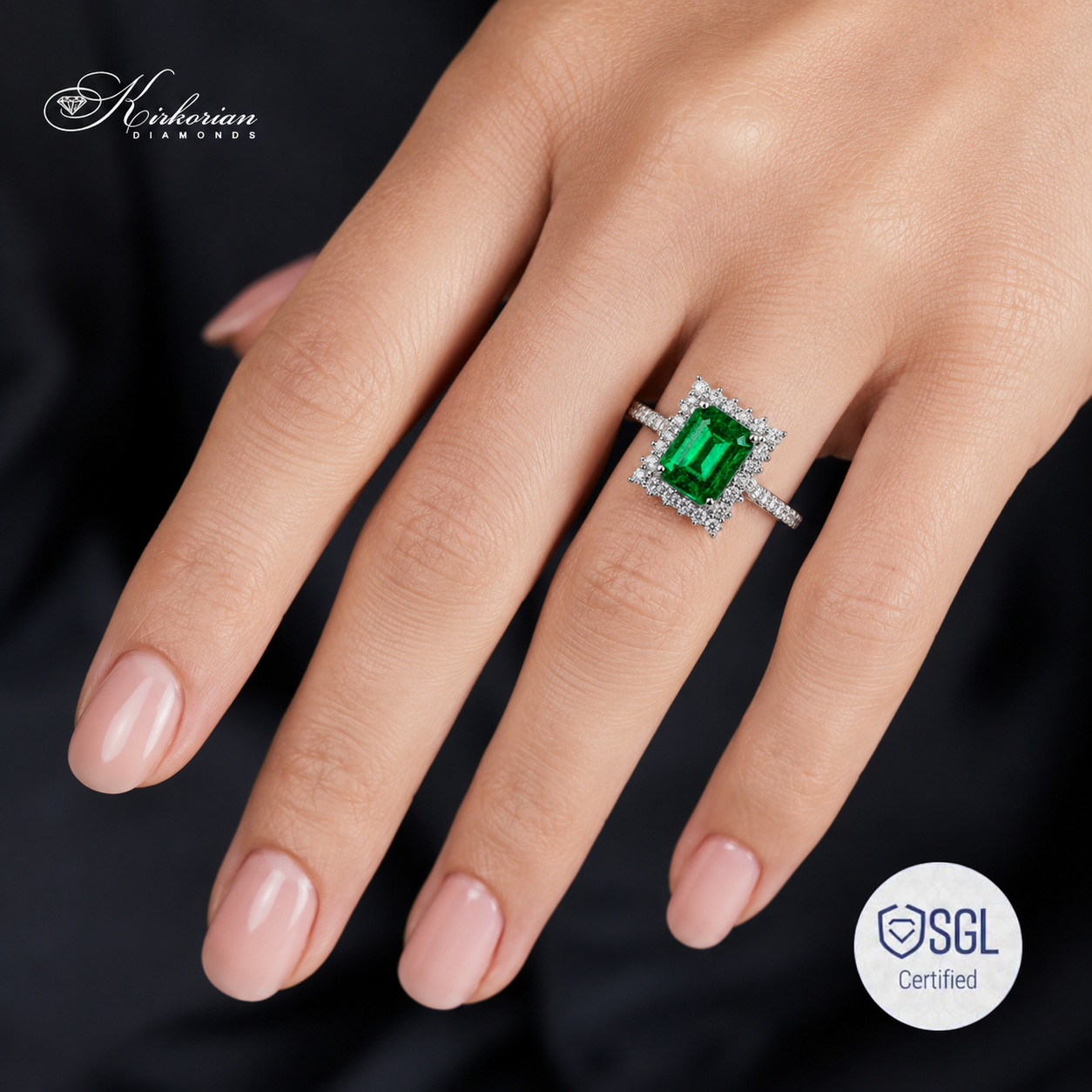 Луксозен пръстен със смарагд върху ръка Kirkorian Diamonds