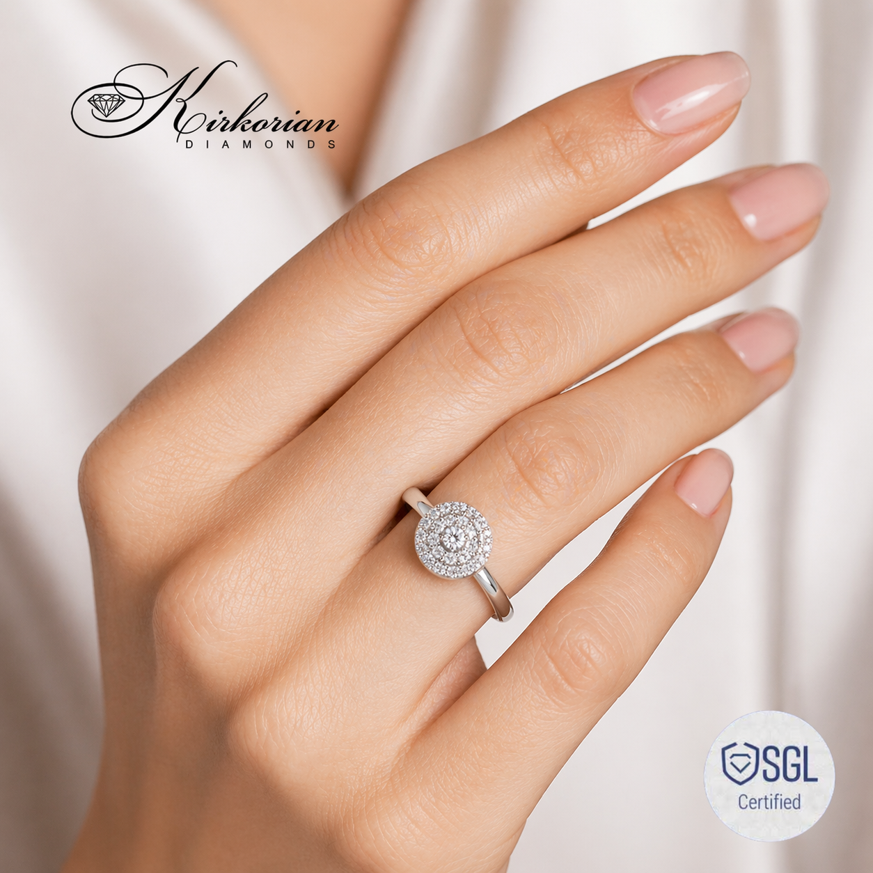 Луксозен дамски пръстен с диаманти върху ръка Kirkorian Diamonds LR3573