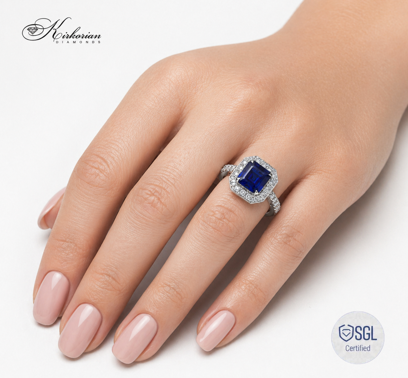 Луксозен sapphire ring върху ръка Kirkorian Diamonds