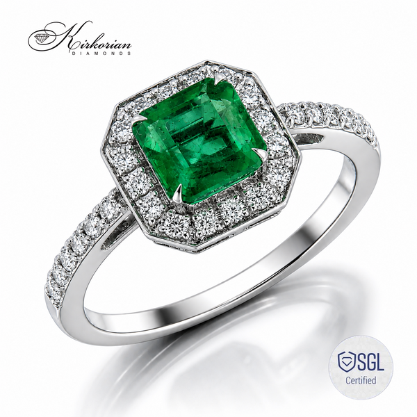 Луксозен годежен пръстен от бяло злато 14К със смарагд Emerald Cut 1.26 ct и естествени диаманти 0.31 ct – LR3712E