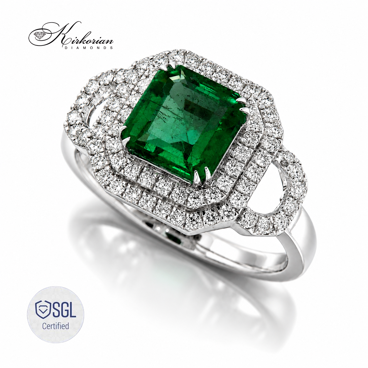 Double halo emerald ring с естествени диаманти