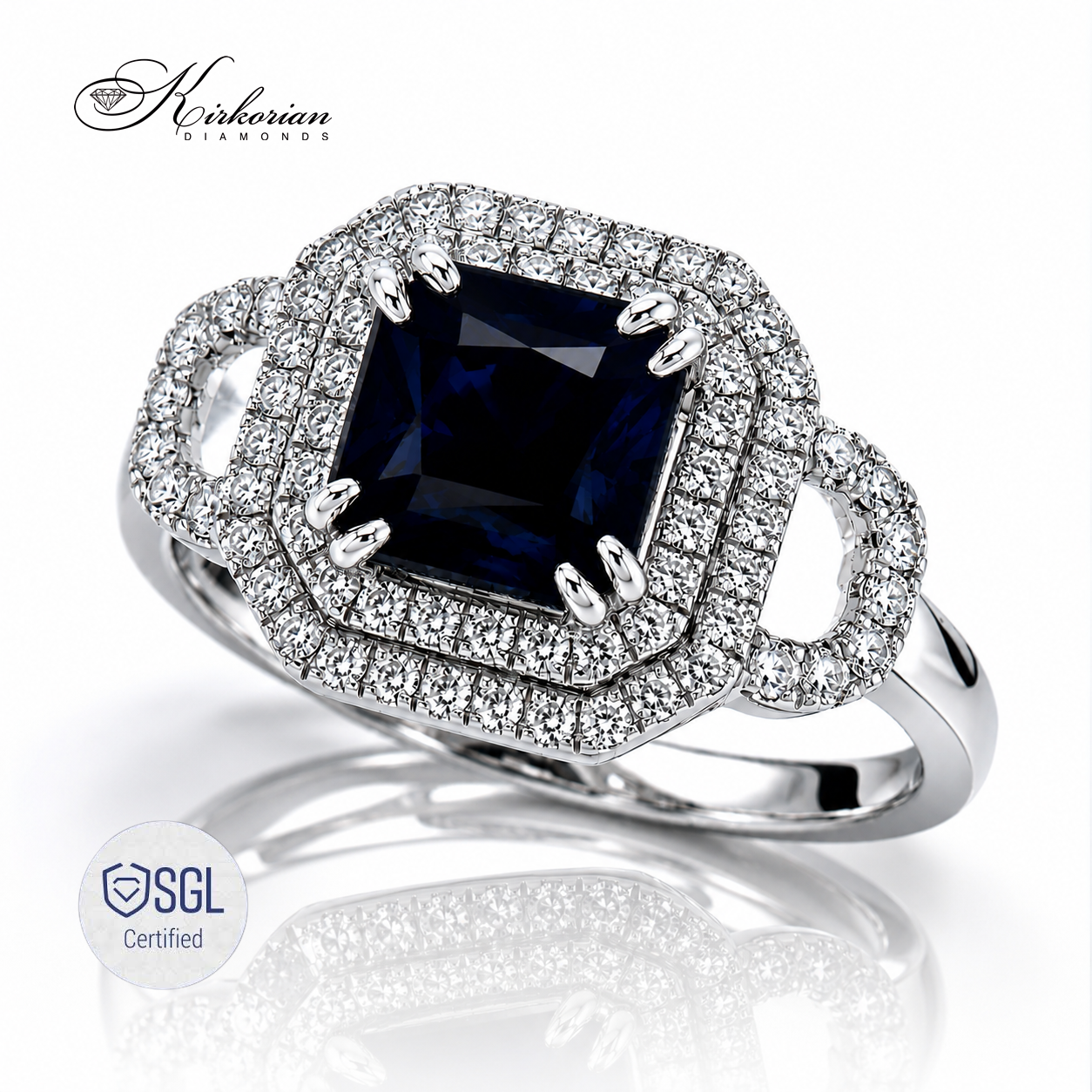Дизайнерски пръстен със сапфир Princess Cut и диаманти Round Brilliant от бяло злато 14К LR5456S