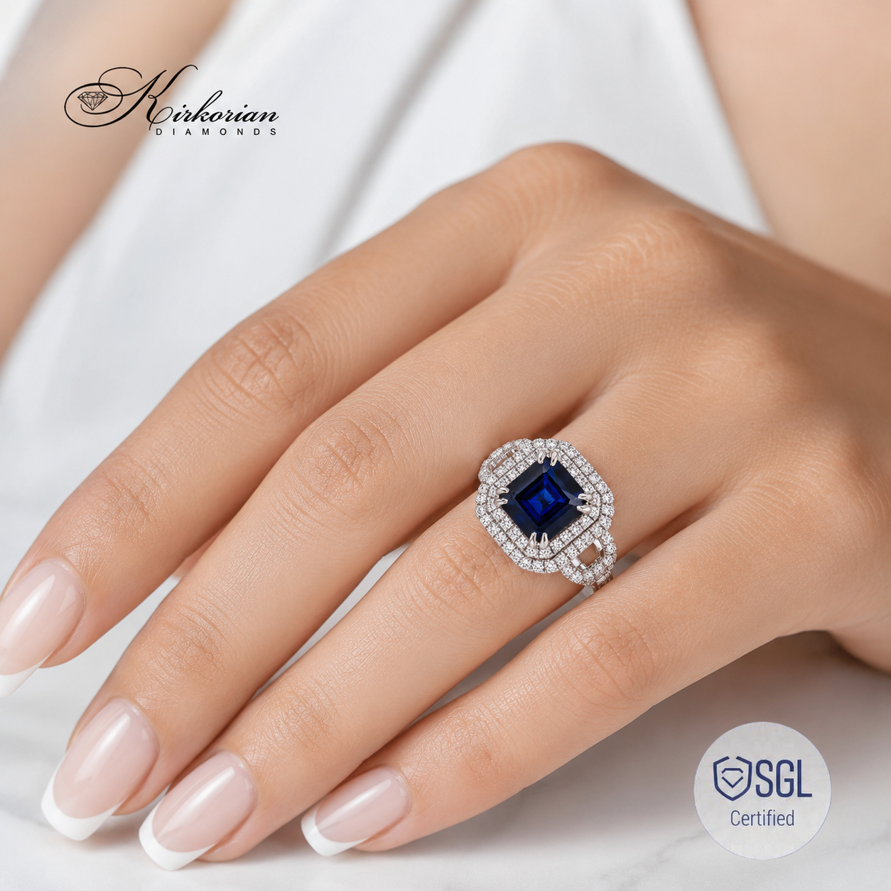 Годежен пръстен със сапфир 1.77 ct и естествени диаманти върху ръка LR5456S
