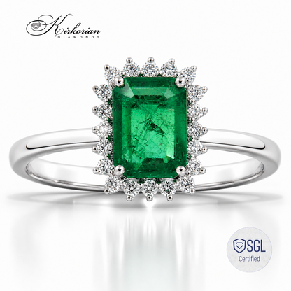 Пръстен от бяло злато 14К със смарагд 0.93 ct и диаманти LR5467
