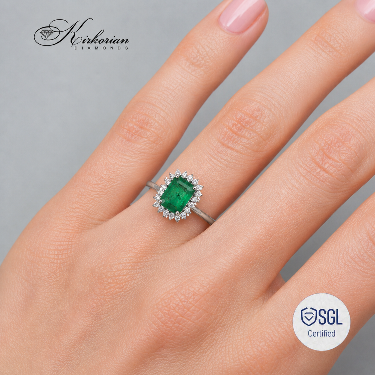 Луксозен пръстен със смарагд върху ръка Kirkorian Diamonds