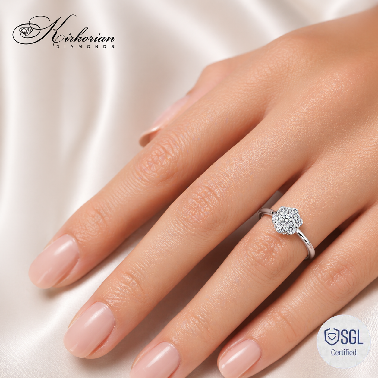 Луксозен дамски пръстен с диаманти върху ръка Kirkorian Diamonds LR5999