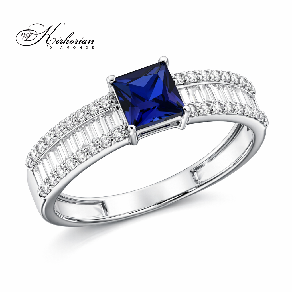 луксозен пръстен със син сапфир и диаманти бяло злато