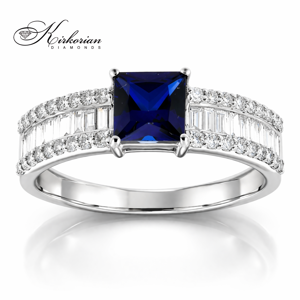 пръстен със сапфир princess и диаманти от бяло злато 14к LR6086