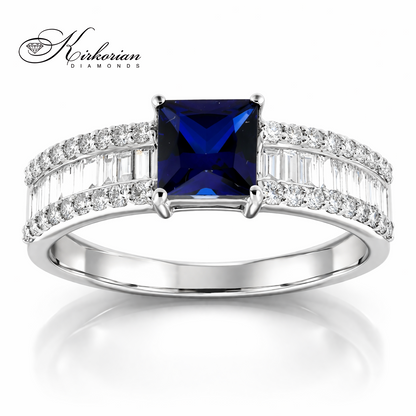пръстен със сапфир princess и диаманти от бяло злато 14к LR6086