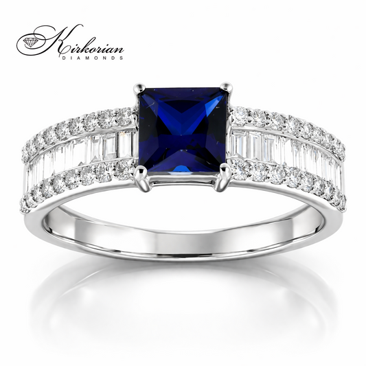 пръстен със сапфир princess и диаманти от бяло злато 14к LR6086