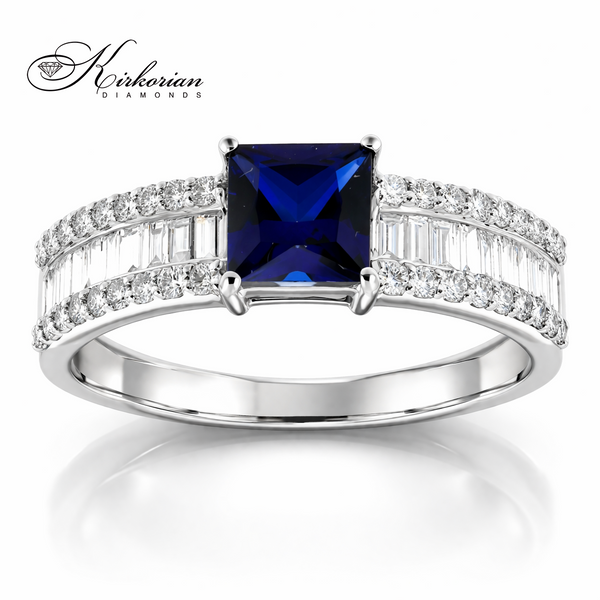 Пръстен със сапфир Princess и диаманти от бяло злато 14К – син сапфир 0.74 ct LR6086