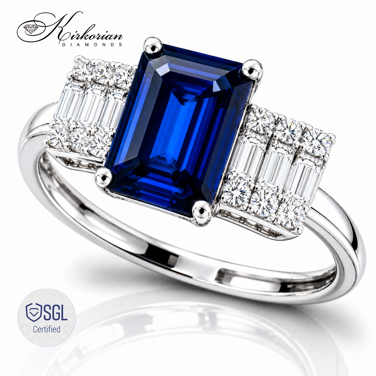Луксозен пръстен със сапфир emerald cut и baguette диаманти