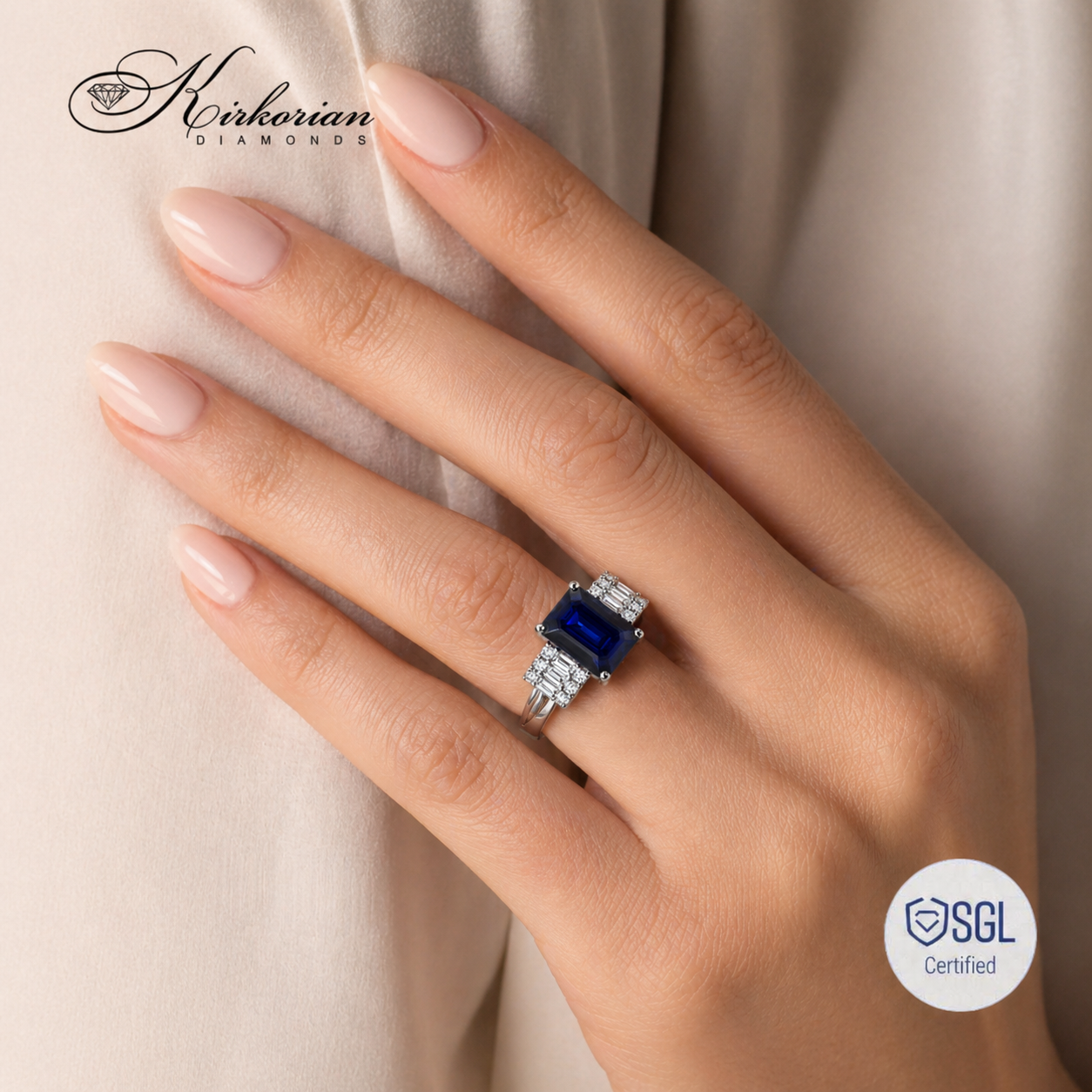 Луксозен sapphire ring върху ръка Kirkorian Diamonds