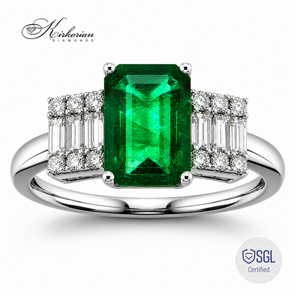 Пръстен от бяло злато 14К със смарагд 1.48 ct и диаманти LR6300