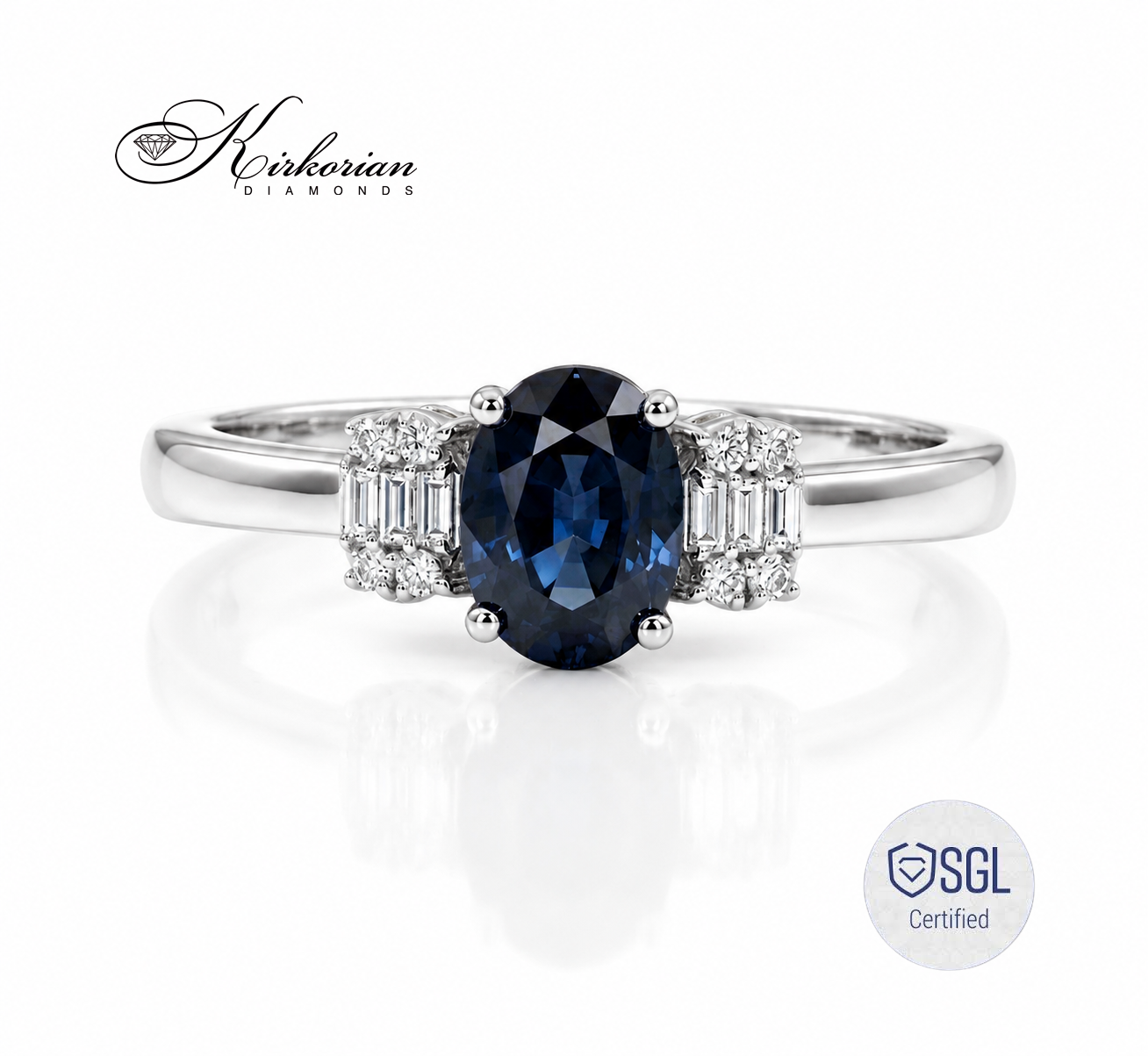 Годежен пръстен с естествен сапфир 0.98 ct и диаманти от бяло злато 14K LR6301
