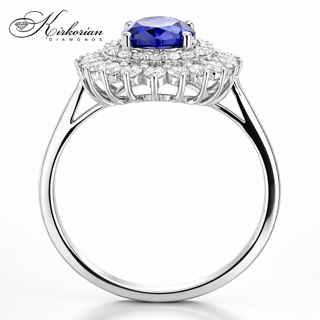 луксозен пръстен със сапфир и диаманти бяло злато