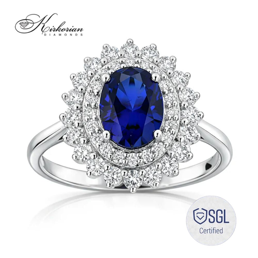 Годежен пръстен със сапфир 1.06 ct и естествени диаманти 0.35 ct от бяло злато 14К LR6318
