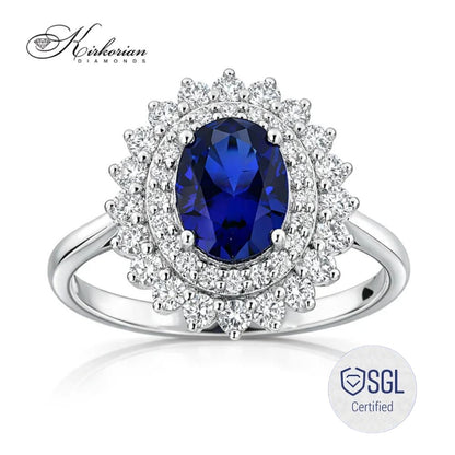 Годежен пръстен със сапфир 1.06 ct и естествени диаманти 0.35 ct от бяло злато 14К LR6318