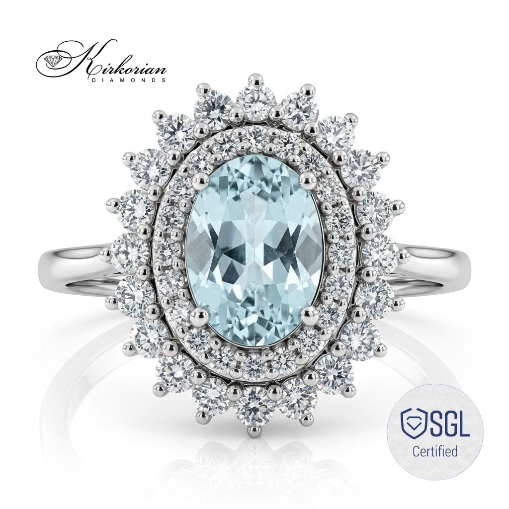 Сертифициран пръстен с аквамарин 0.69 ct и диаманти 0.40 ct